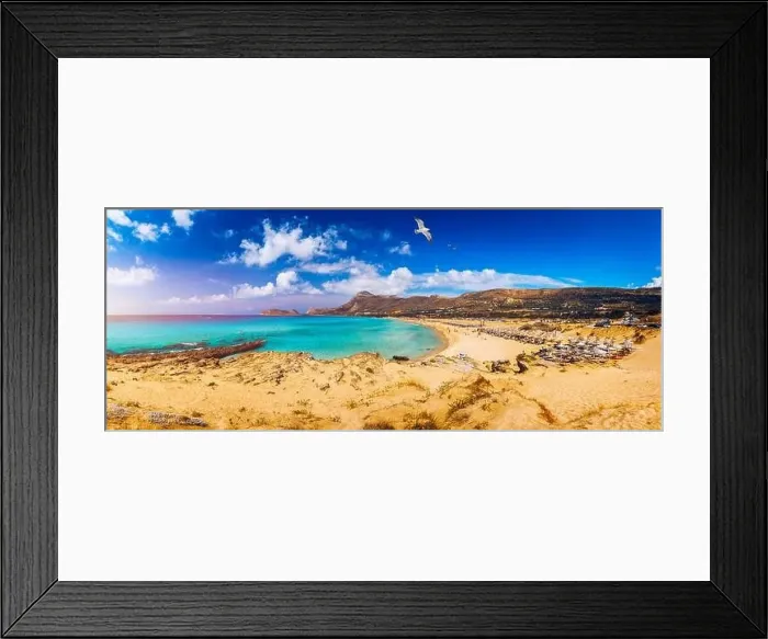Framed Print : Panorama of turquoise beach Falasarna (Falassarna) in Crete with seagulls flying over Framed Print : Panorama of turquoise beach Falasarna (Falassarna) in Crete with seagulls flying over