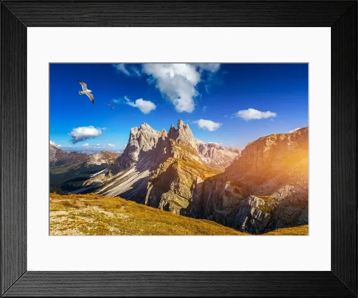 Framed Print : View on Seceda with birds flying over the peaks Framed Print : View on Seceda with birds flying over the peaks