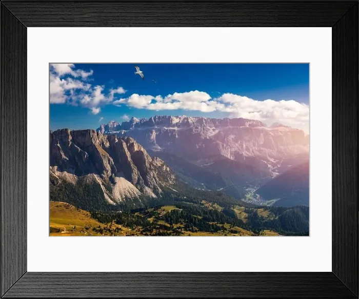 Framed Print : View on Seceda with birds flying over the peaks Framed Print : View on Seceda with birds flying over the peaks