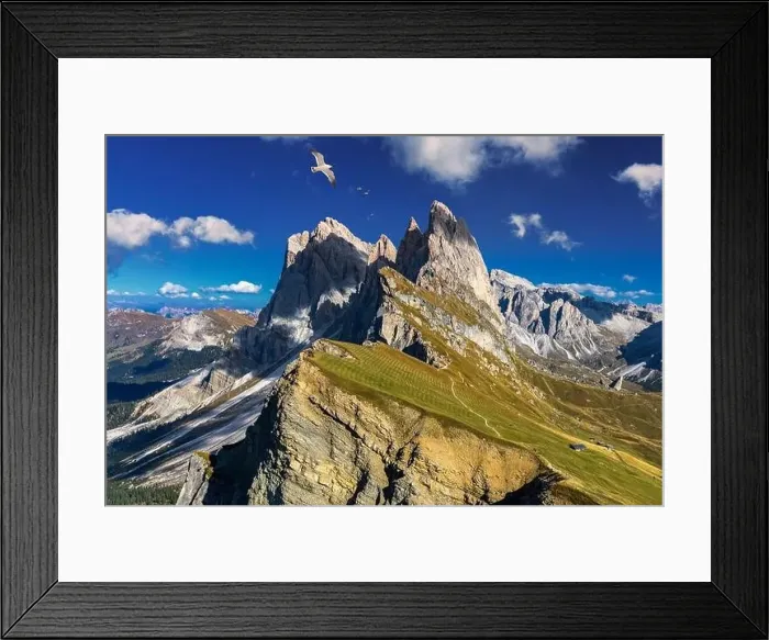 Framed Print : View on Seceda with birds flying over the peaks