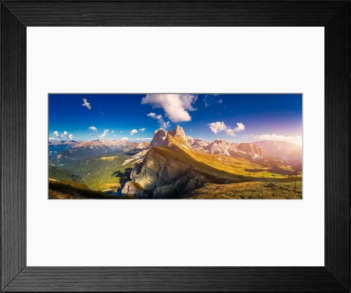 Framed Print : Panorama on Seceda with birds flying over the peaks Framed Print : Panorama on Seceda with birds flying over the peaks