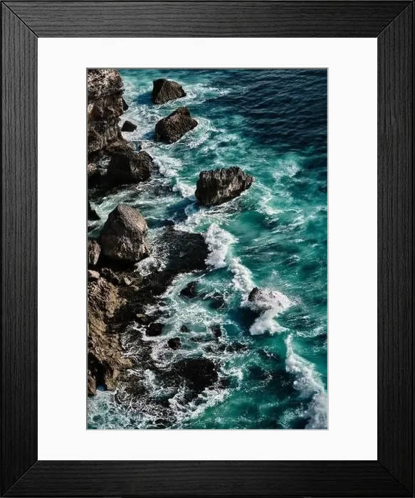 Framed Print : Aerial view to sea landscape, water with waves and rocks. Dramatic colors photo Framed Print : Aerial view to sea landscape, water with waves and rocks. Dramatic colors photo
