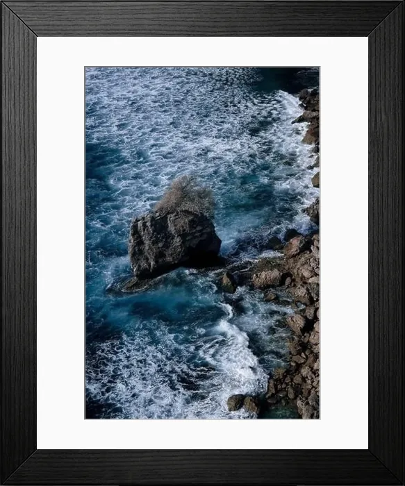 Framed Print : Aerial view to sea landscape, water with waves and rocks. Dramatic colors photo Framed Print : Aerial view to sea landscape, water with waves and rocks. Dramatic colors photo