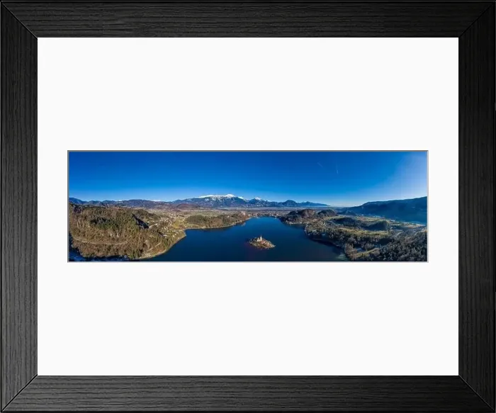 Framed Print : Bled lake aerial view panorama in winter season Framed Print : Bled lake aerial view panorama in winter season