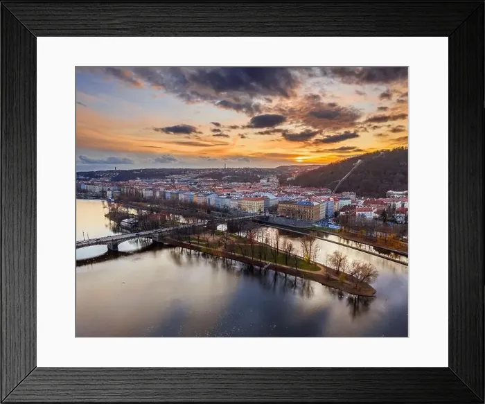 Framed Print : Prague, Czech Republic - Aerial panoramic drone view of Strelecky Island with a beautiful winter sunset and colorful sky Framed Print : Prague, Czech Republic - Aerial panoramic drone view of Strelecky Island with a beautiful winter sunset and colorful sky