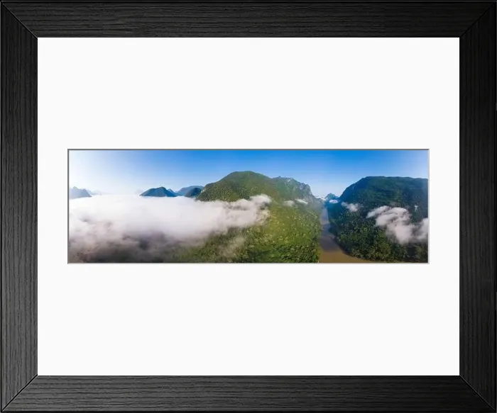Framed Print : Aerial panoramic Nam Ou River drone flying over morning fog mist and clouds Framed Print : Aerial panoramic Nam Ou River drone flying over morning fog mist and clouds