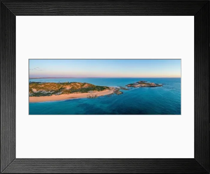 Framed Print : Cape Martin Lighthouse and Penguin Island at dusk - aerial panorama Framed Print : Cape Martin Lighthouse and Penguin Island at dusk - aerial panorama