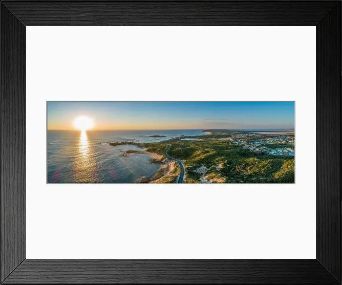Framed Print : Scenic drive passing near ocean coastline and Beachport town at sunset - wide aerial panorama Framed Print : Scenic drive passing near ocean coastline and Beachport town at sunset - wide aerial panorama