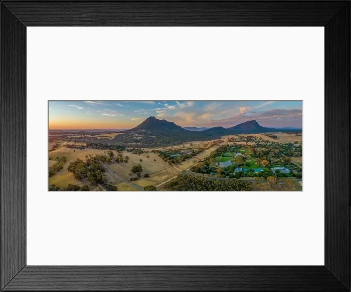 Framed Print : Wide aerial panorama of Mount Sturgeon at Grampians National Park at dusk Framed Print : Wide aerial panorama of Mount Sturgeon at Grampians National Park at dusk