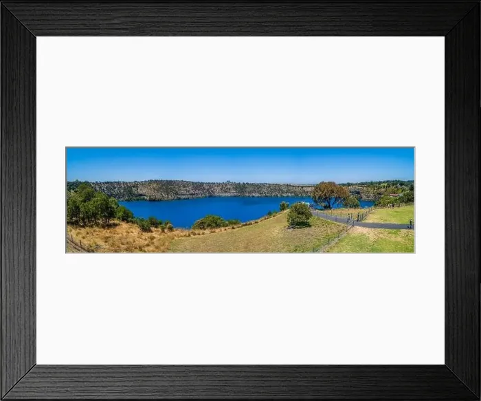 Framed Print : Tourists on viewing platform at the Blue Lake in Mount Gambier, South Australia - wide aerial panorama Framed Print : Tourists on viewing platform at the Blue Lake in Mount Gambier, South Australia - wide aerial panorama