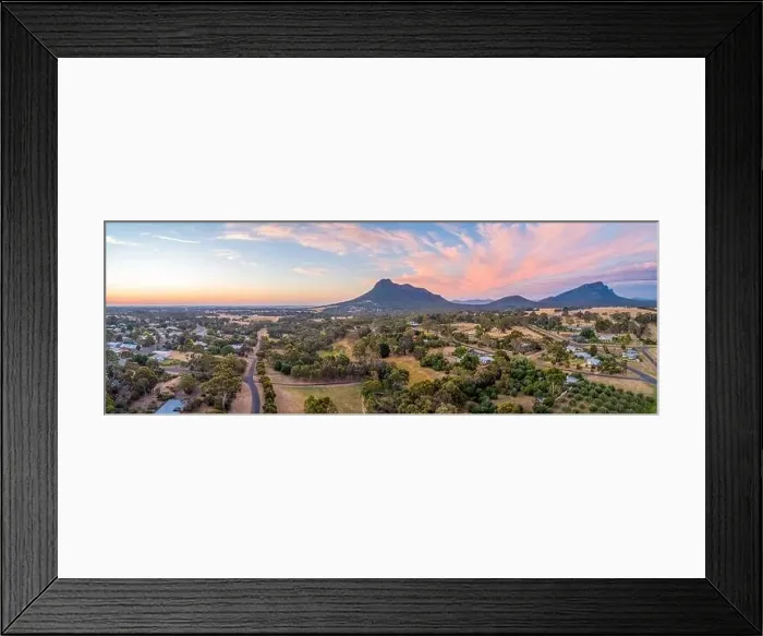 Framed Print : Wide aerial panorama of Mount Sturgeon and Dunkeld township at dusk Framed Print : Wide aerial panorama of Mount Sturgeon and Dunkeld township at dusk