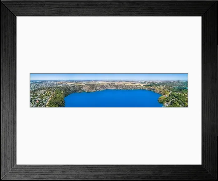 Framed Print : Wide aerial panorama of the famous Blue Lake at Mount Gambier, South Australia Framed Print : Wide aerial panorama of the famous Blue Lake at Mount Gambier, South Australia
