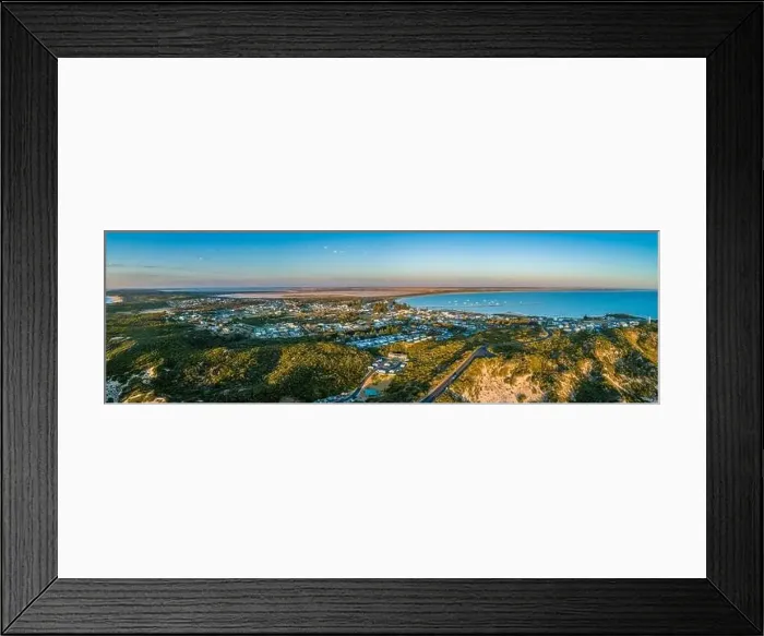 Framed Print : Beachport town located on ocean shore in South Australia - wide aerial panorama at sunset Framed Print : Beachport town located on ocean shore in South Australia - wide aerial panorama at sunset