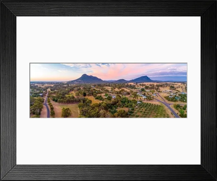 Framed Print : Wide aerial panorama of Grampians mountains and countryside at sunset Framed Print : Wide aerial panorama of Grampians mountains and countryside at sunset