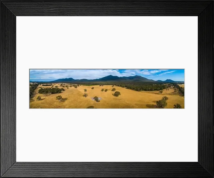 Framed Print : Aerial panorama of pastures and Grampians National Park with Mount Abrupt