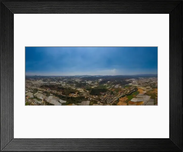 Framed Print : Dalat or Da Lat, Vietnam aerial panorama of agricultural area showing farms and greenhouses Framed Print : Dalat or Da Lat, Vietnam aerial panorama of agricultural area showing farms and greenhouses