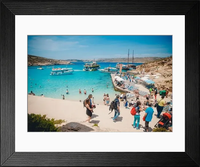 Framed Print : Comino, Malta - May 9, 2019: Panorama beach Blue Lagoon Framed Print : Comino, Malta - May 9, 2019: Panorama beach Blue Lagoon