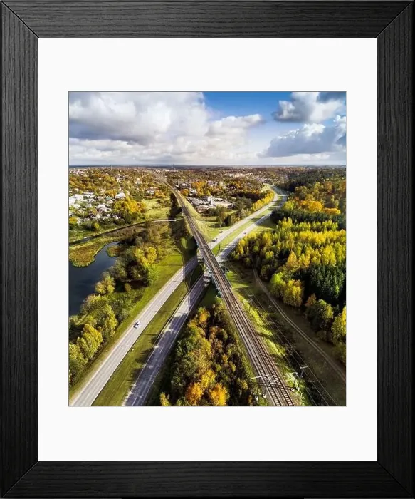 Framed Print : Railway road and autumn city view of Vilnius district Naujoji Vilnia Framed Print : Railway road and autumn city view of Vilnius district Naujoji Vilnia