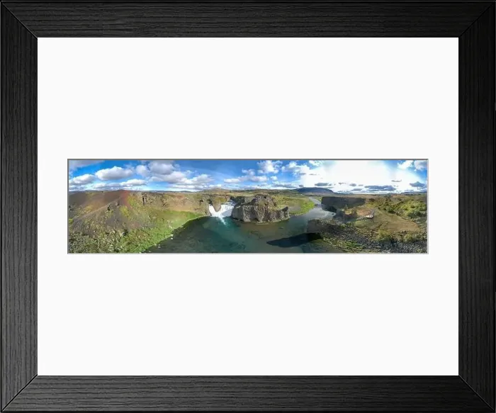 Framed Print : 360 degrees Icelandic aerial panorama landscape. Panorama of the Hjalparfoss waterfall and the lagoon on a sunny day Framed Print : 360 degrees Icelandic aerial panorama landscape. Panorama of the Hjalparfoss waterfall and the lagoon on a sunny day