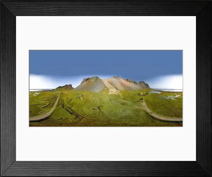Framed Print : 360 degrees Icelandic aerial landscape with a viking village in Stokksnes Framed Print : 360 degrees Icelandic aerial landscape with a viking village in Stokksnes