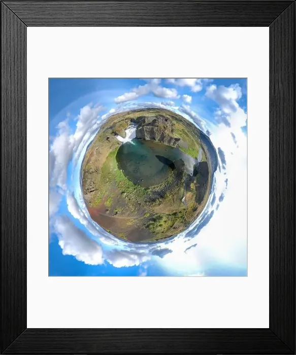 Framed Print : Epic aerial drone view flying over landscape of Hjalparfoss waterfall and lagoon on a sunny day. Little planet panorama Framed Print : Epic aerial drone view flying over landscape of Hjalparfoss waterfall and lagoon on a sunny day. Little planet panorama