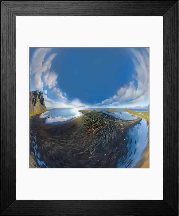 Framed Print : Epic aerial drone view flying over landscape of the black sand beach in Stokksnes on a sunny day Framed Print : Epic aerial drone view flying over landscape of the black sand beach in Stokksnes on a sunny day