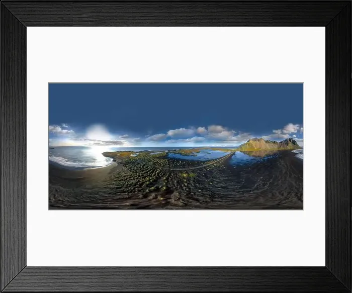 Framed Print : 360 degrees Icelandic aerial landscape of the black sand beach in Stokksnes