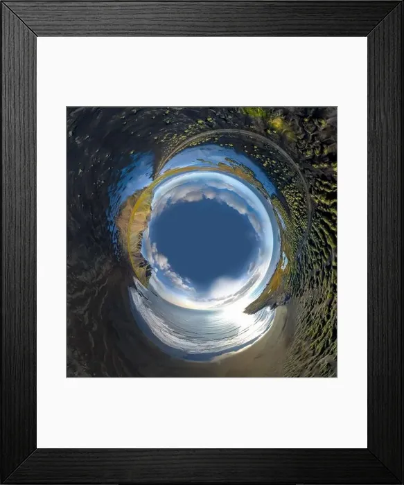 Framed Print : Inverted little planet of landscape of the black sand beach in Stokksnes on a sunny day Framed Print : Inverted little planet of landscape of the black sand beach in Stokksnes on a sunny day