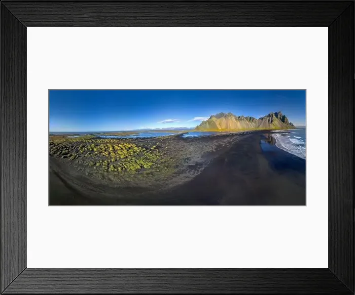 Framed Print : Epic aerial drone view flying over landscape of the black sand beach in Stokksnes on a sunny day Framed Print : Epic aerial drone view flying over landscape of the black sand beach in Stokksnes on a sunny day