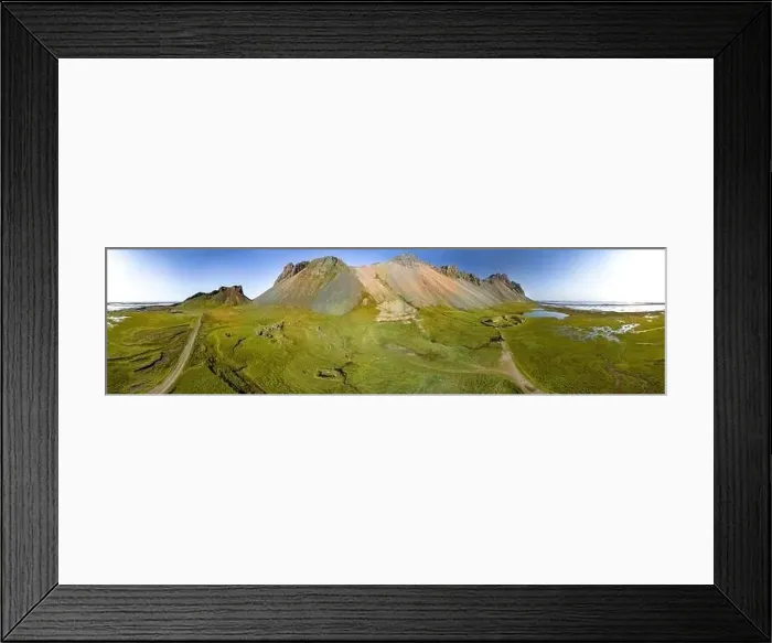 Framed Print : 360 degrees Icelandic aerial landscape with a viking village in Stokksnes Framed Print : 360 degrees Icelandic aerial landscape with a viking village in Stokksnes