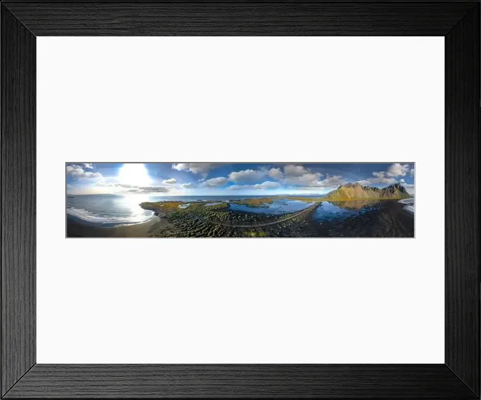Framed Print : 360 degrees Icelandic aerial landscape of the black sand beach in Stokksnes Framed Print : 360 degrees Icelandic aerial landscape of the black sand beach in Stokksnes