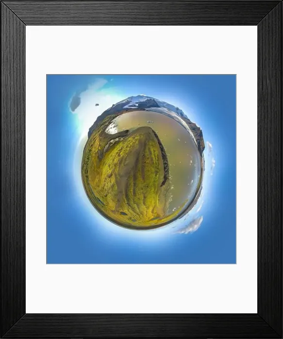 Framed Print : Epic aerial drone view flying over landscape of Fjallsarlon glacier and lagoon on a sunny day. Little planet panorama Framed Print : Epic aerial drone view flying over landscape of Fjallsarlon glacier and lagoon on a sunny day. Little planet panorama