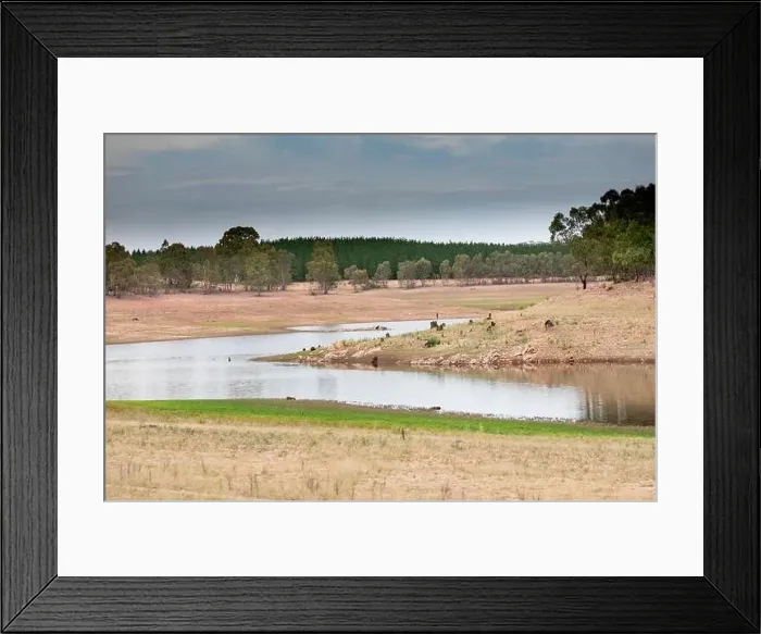 Framed Print : Aerial view of a fresh water reservoir in rural Australia which is reducing due to the extreme drought Framed Print : Aerial view of a fresh water reservoir in rural Australia which is reducing due to the extreme drought