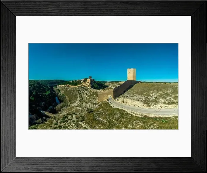 Framed Print : Aerial view of Alarcon castle, parador and fortifications along the Jucar river in Albacete province Spain Framed Print : Aerial view of Alarcon castle, parador and fortifications along the Jucar river in Albacete province Spain