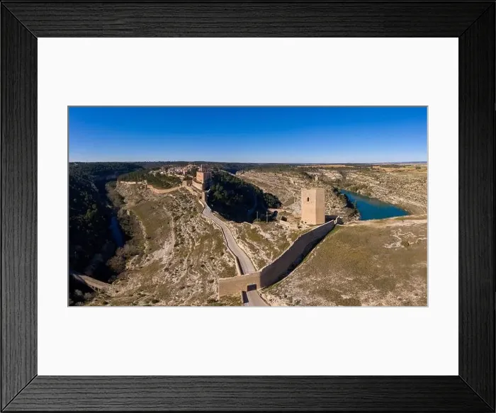 Framed Print : Aerial view of Alarcon castle, parador and fortifications along the Jucar river in Albacete province Spain Framed Print : Aerial view of Alarcon castle, parador and fortifications along the Jucar river in Albacete province Spain