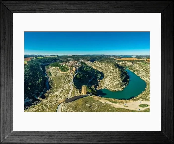 Framed Print : Aerial view of Alarcon castle, parador and fortifications along the Jucar river in Albacete province Spain Framed Print : Aerial view of Alarcon castle, parador and fortifications along the Jucar river in Albacete province Spain
