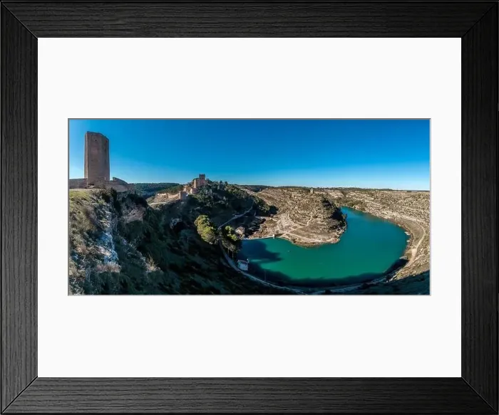 Framed Print : Aerial view of Alarcon castle, parador and fortifications along the Jucar river in Albacete province Spain Framed Print : Aerial view of Alarcon castle, parador and fortifications along the Jucar river in Albacete province Spain