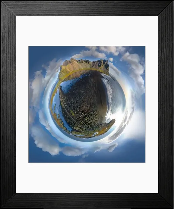 Framed Print : Epic aerial drone view flying over landscape of the black sand beach in Stokksnes on a sunny day Framed Print : Epic aerial drone view flying over landscape of the black sand beach in Stokksnes on a sunny day