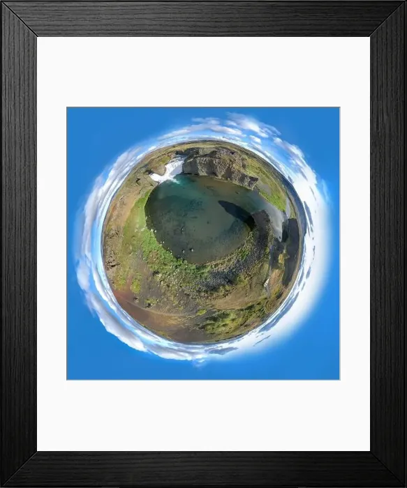 Framed Print : Epic aerial drone view flying over landscape of Hjalparfoss waterfall and lagoon on a sunny day. Little planet panorama Framed Print : Epic aerial drone view flying over landscape of Hjalparfoss waterfall and lagoon on a sunny day. Little planet panorama