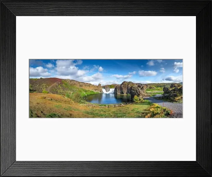 Framed Print : Epic aerial drone panorama view flying over landscape of Hjalparfoss waterfall and lagoon on a sunny day Framed Print : Epic aerial drone panorama view flying over landscape of Hjalparfoss waterfall and lagoon on a sunny day