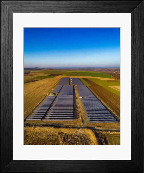 Framed Print : Solar panel produces green, environmentaly friendly energy from the setting sun. Aerial view from drone Framed Print : Solar panel produces green, environmentaly friendly energy from the setting sun. Aerial view from drone