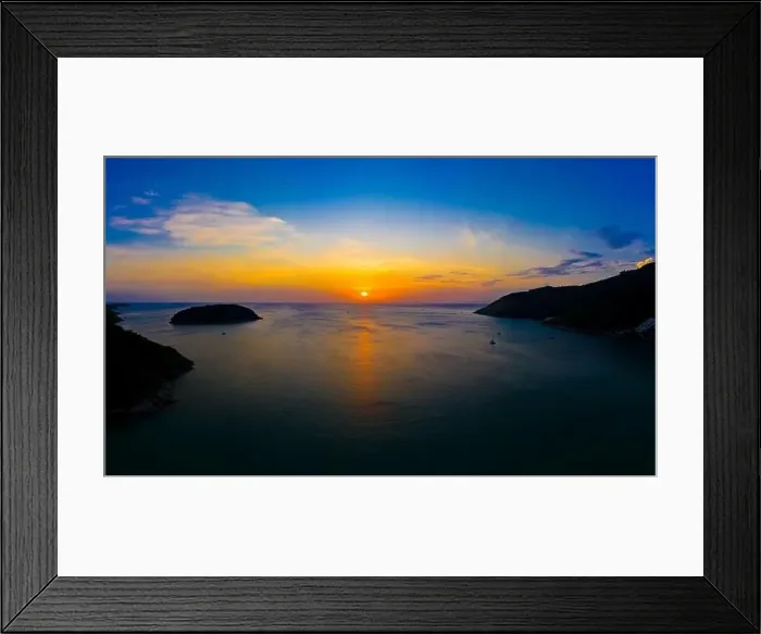 Framed Print : aerial view sunset above Nai Harn beach