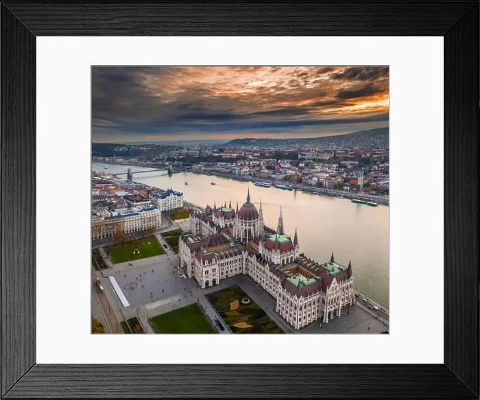 Framed Print : Budapest, Hungary - Aerial panoramic drone view of the Hungarian Parliament building on a november afternoon with an Framed Print : Budapest, Hungary - Aerial panoramic drone view of the Hungarian Parliament building on a november afternoon with an
