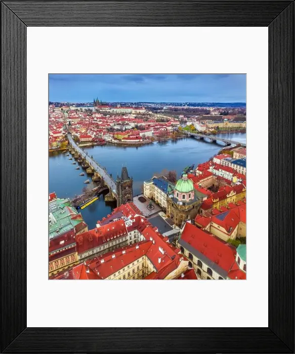 Framed Print : Prague, Czech Republic - Aerial panoramic drone view of the world famous Charles Bridge (Karluv most) and St Framed Print : Prague, Czech Republic - Aerial panoramic drone view of the world famous Charles Bridge (Karluv most) and St
