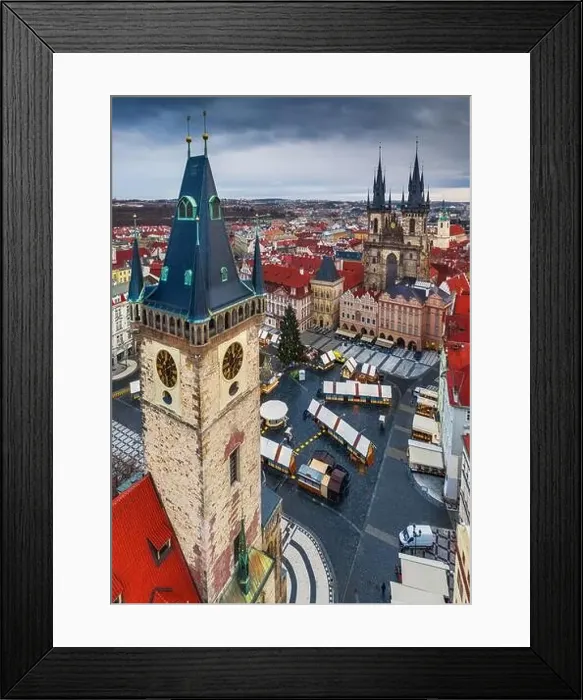 Framed Print : Prague, Czech Republic - Aerial view of the Old Town Square at Christmas time with Old Town Hall tower Framed Print : Prague, Czech Republic - Aerial view of the Old Town Square at Christmas time with Old Town Hall tower