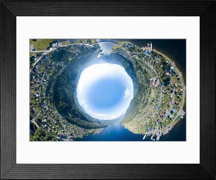 Framed Print : 360 degree panoramic aerial drone view of of an abstract world turned inside out planet earth with nature
