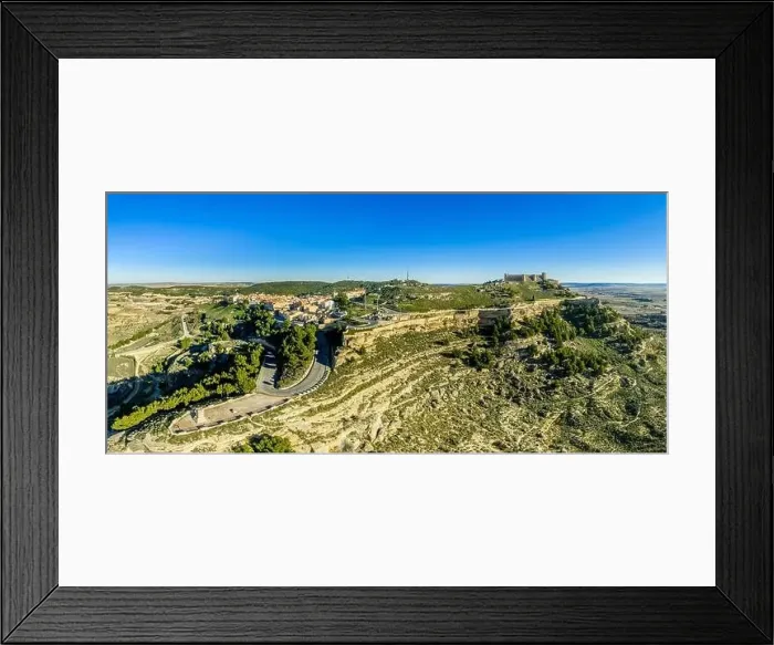 Framed Print : Aerial view of Chinchilla de Montearagon castle with ruined excavated inner building remains surrounded by an outer Framed Print : Aerial view of Chinchilla de Montearagon castle with ruined excavated inner building remains surrounded by an outer