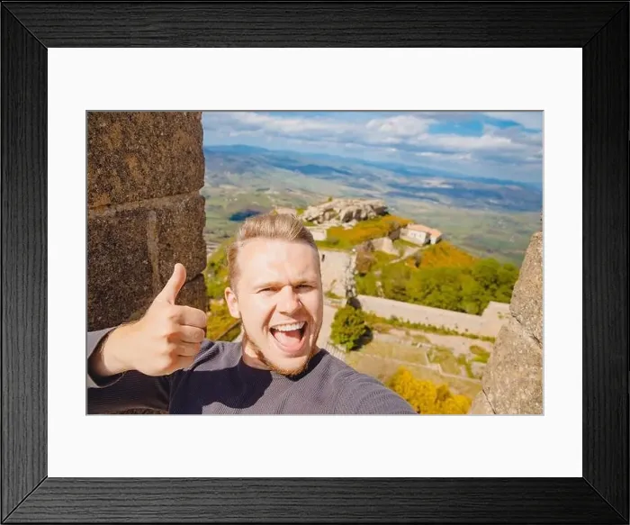 Framed Print : Selfie photo traveler man smiling Castello di lombardia in Enna Sicily, Italy Framed Print : Selfie photo traveler man smiling Castello di lombardia in Enna Sicily, Italy