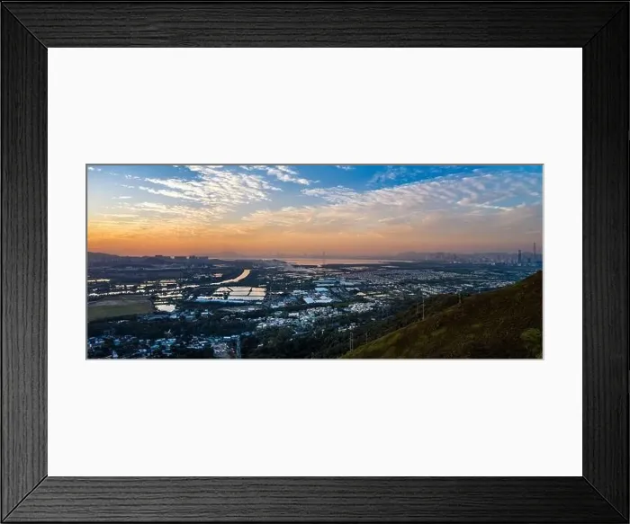 Framed Print : Aerial View of rural green fields in Hong Kong border and skylines in Shenzhen, China Framed Print : Aerial View of rural green fields in Hong Kong border and skylines in Shenzhen, China
