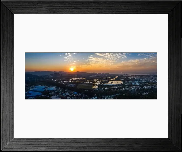 Framed Print : Aerial View of rural green fields in Hong Kong border and skylines in Shenzhen, China Framed Print : Aerial View of rural green fields in Hong Kong border and skylines in Shenzhen, China